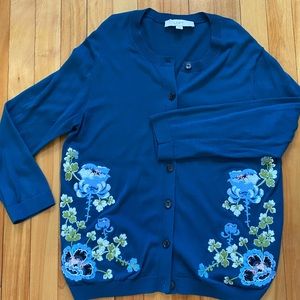 LOFT Embroidered Floral Cardigan Teal M